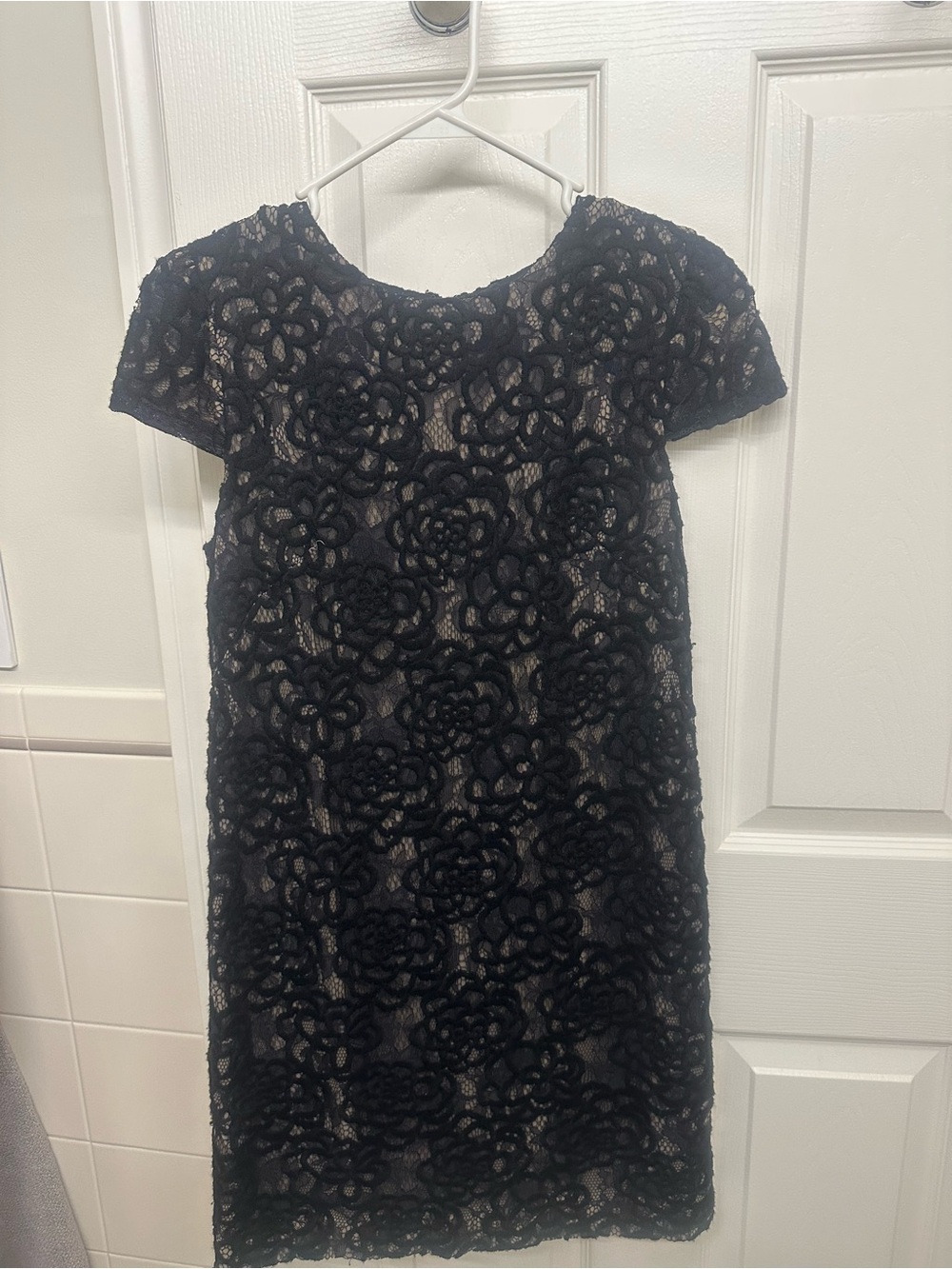 Black Lace Overlay Short-Sleeve Dress
